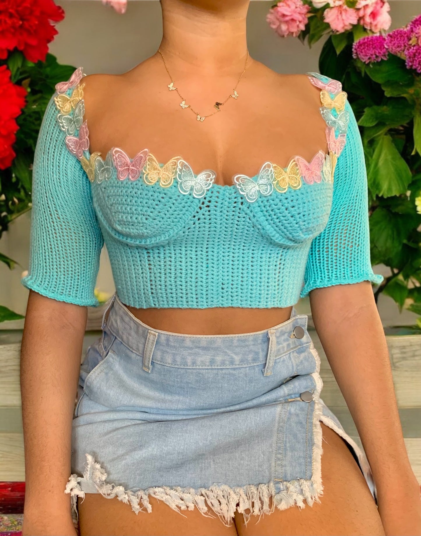 Amine Crochet x Knitted Top With Sleeves