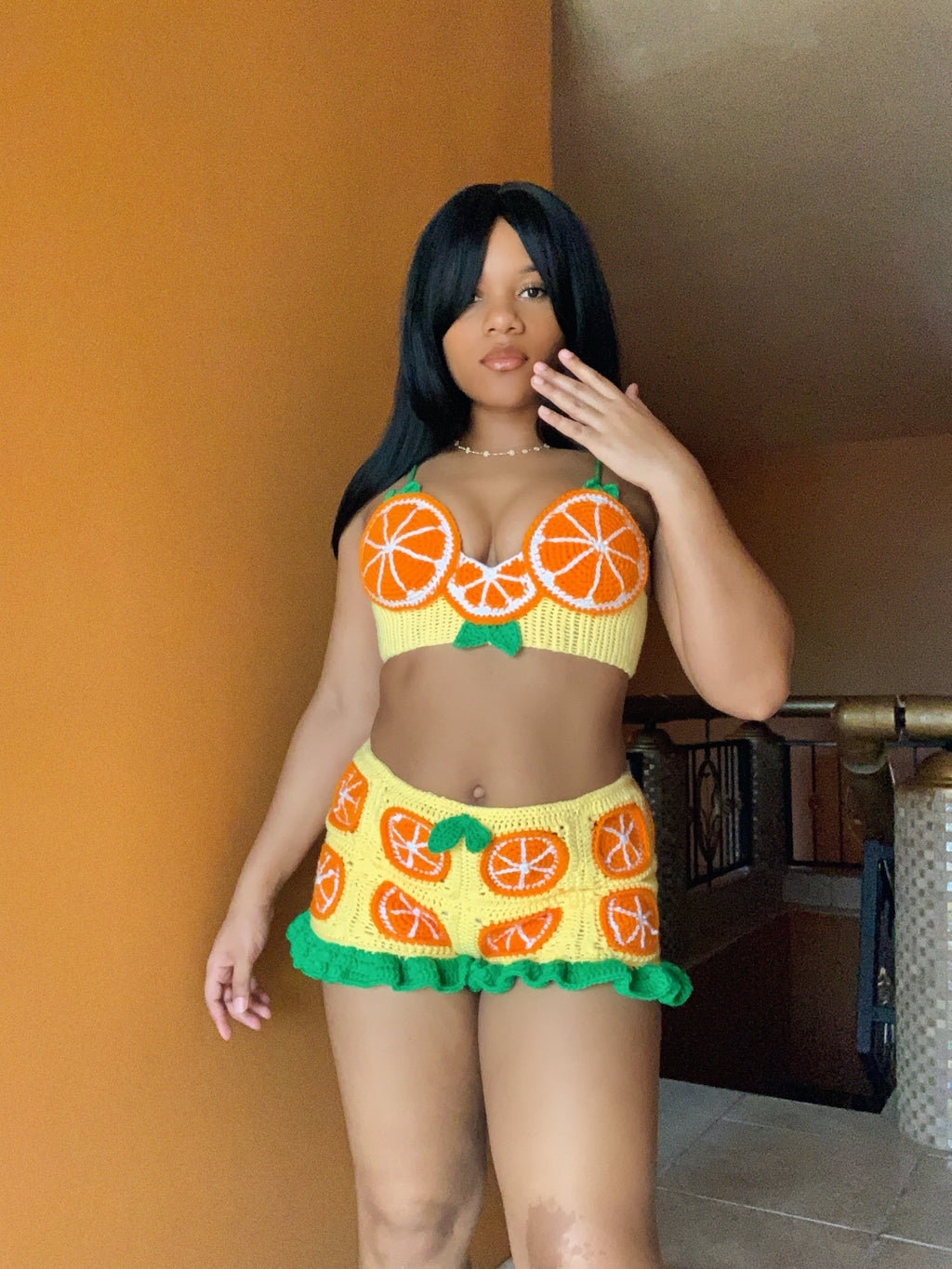 Orange Crochet Shorts Set