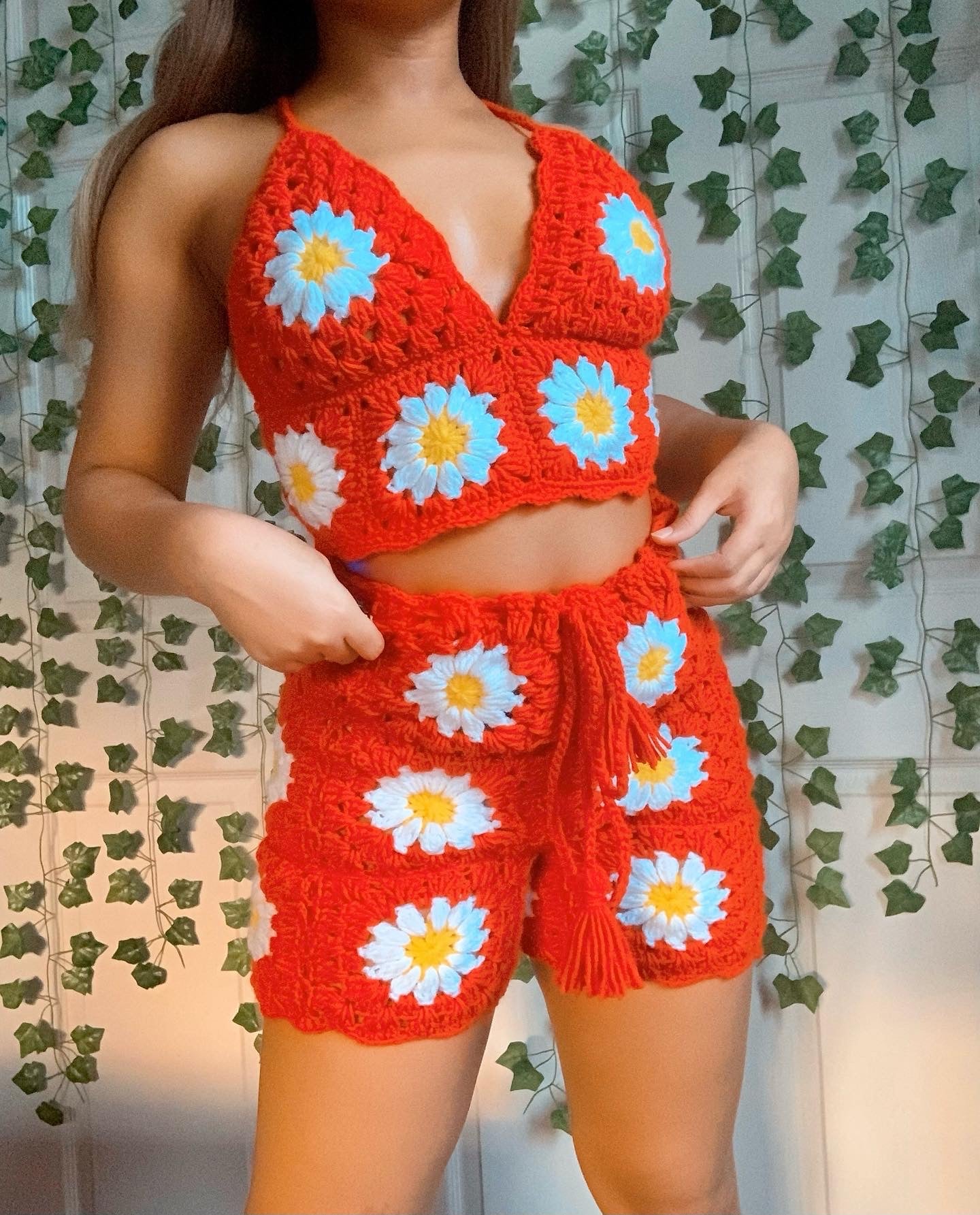 Conjunto de shorts flor de crochê